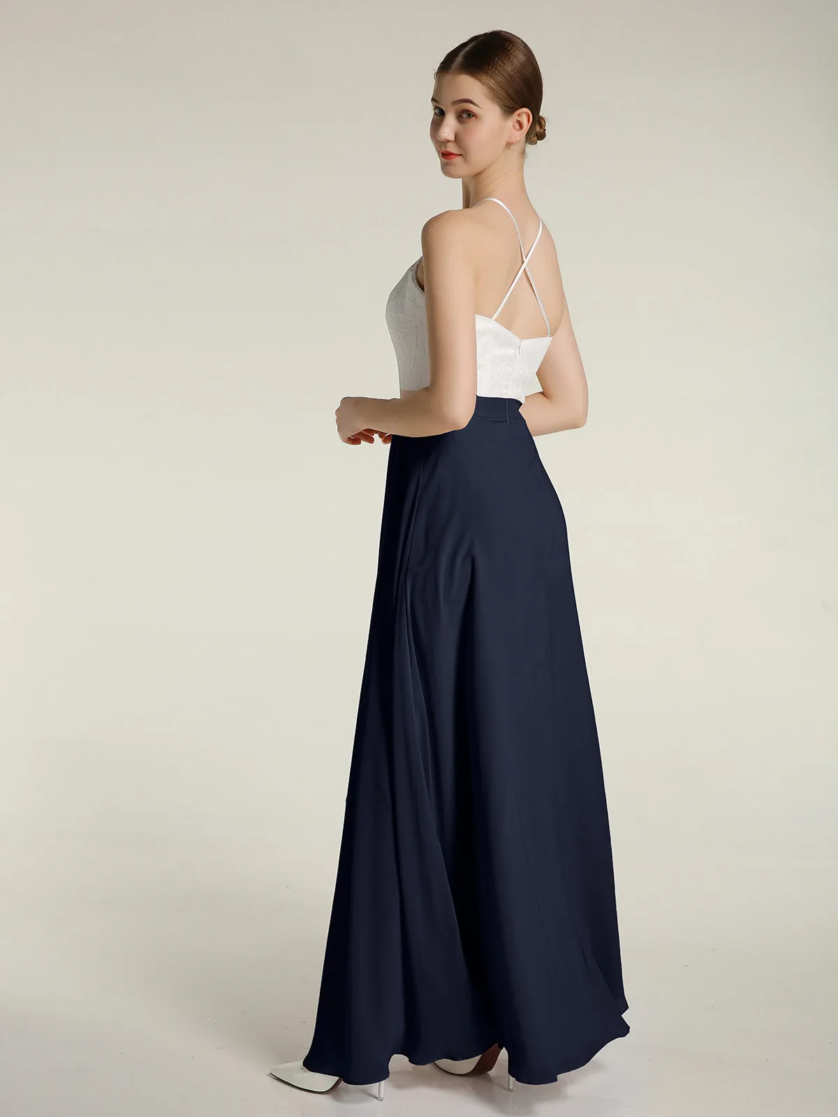 Chiffon Long Dresses with Ivory Lace Bodice-Dark Navy Plus Size