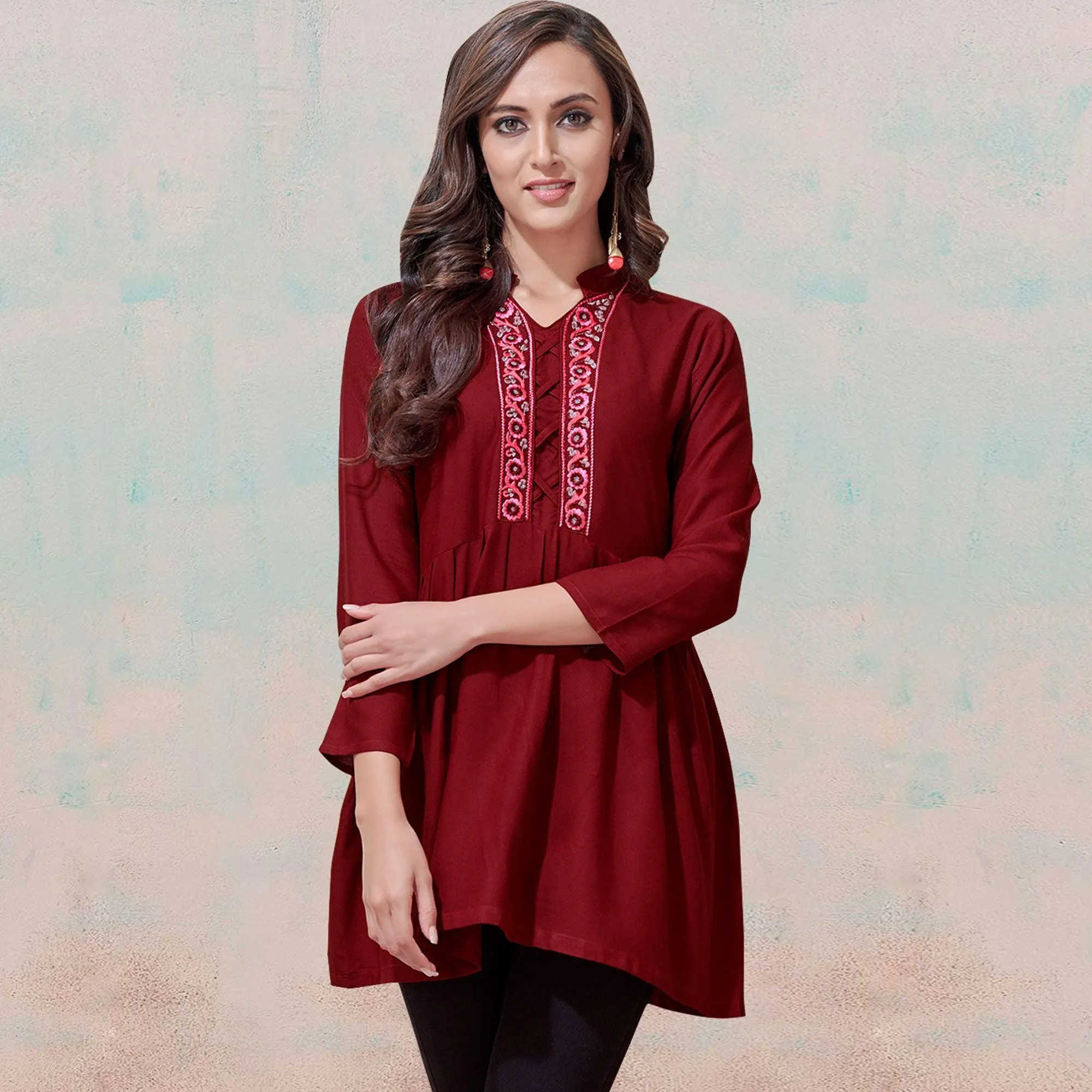 Classy Maroon Colored Partywear Embroidered Rayon Western Top