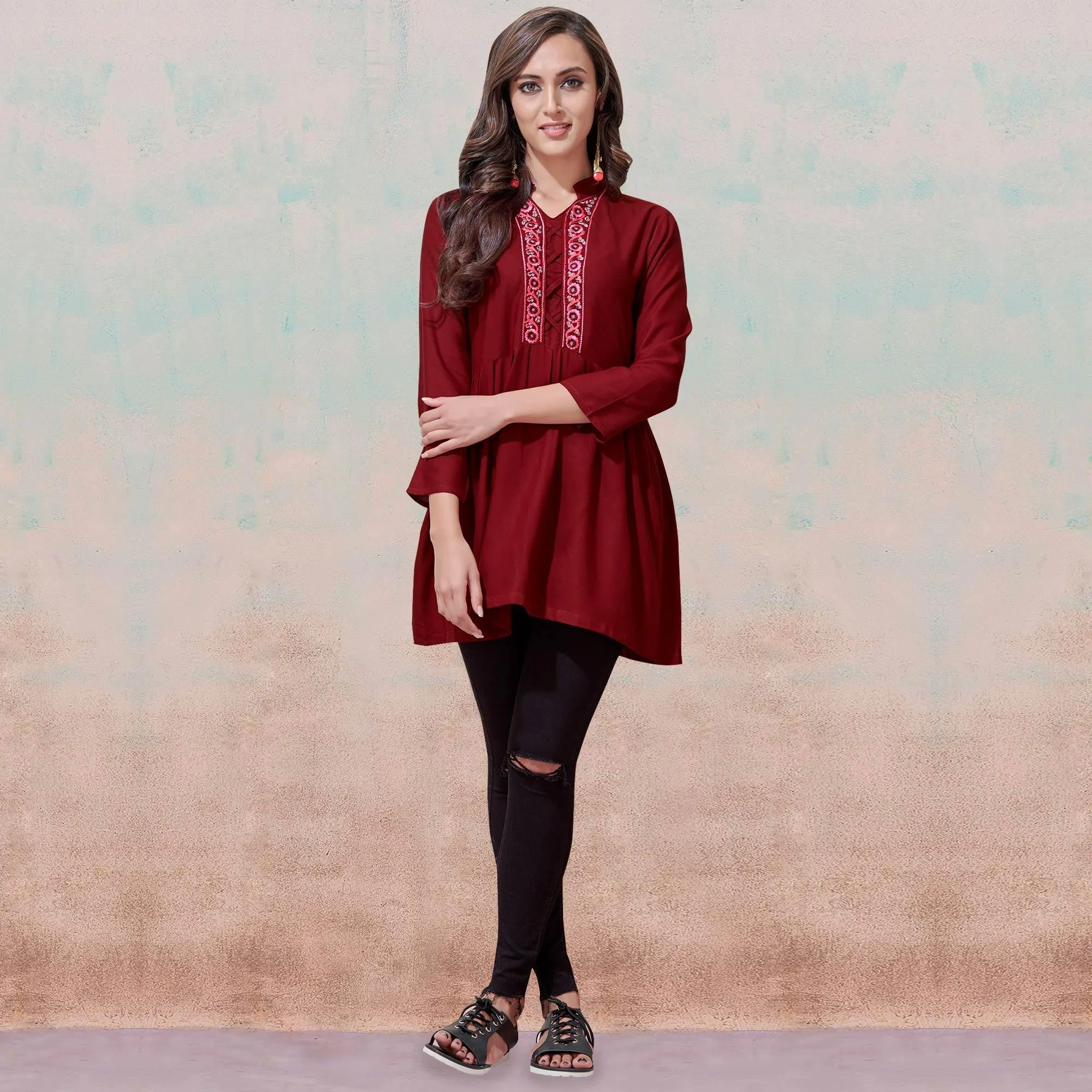 Classy Maroon Colored Partywear Embroidered Rayon Western Top