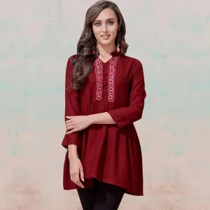 Classy Maroon Colored Partywear Embroidered Rayon Western Top