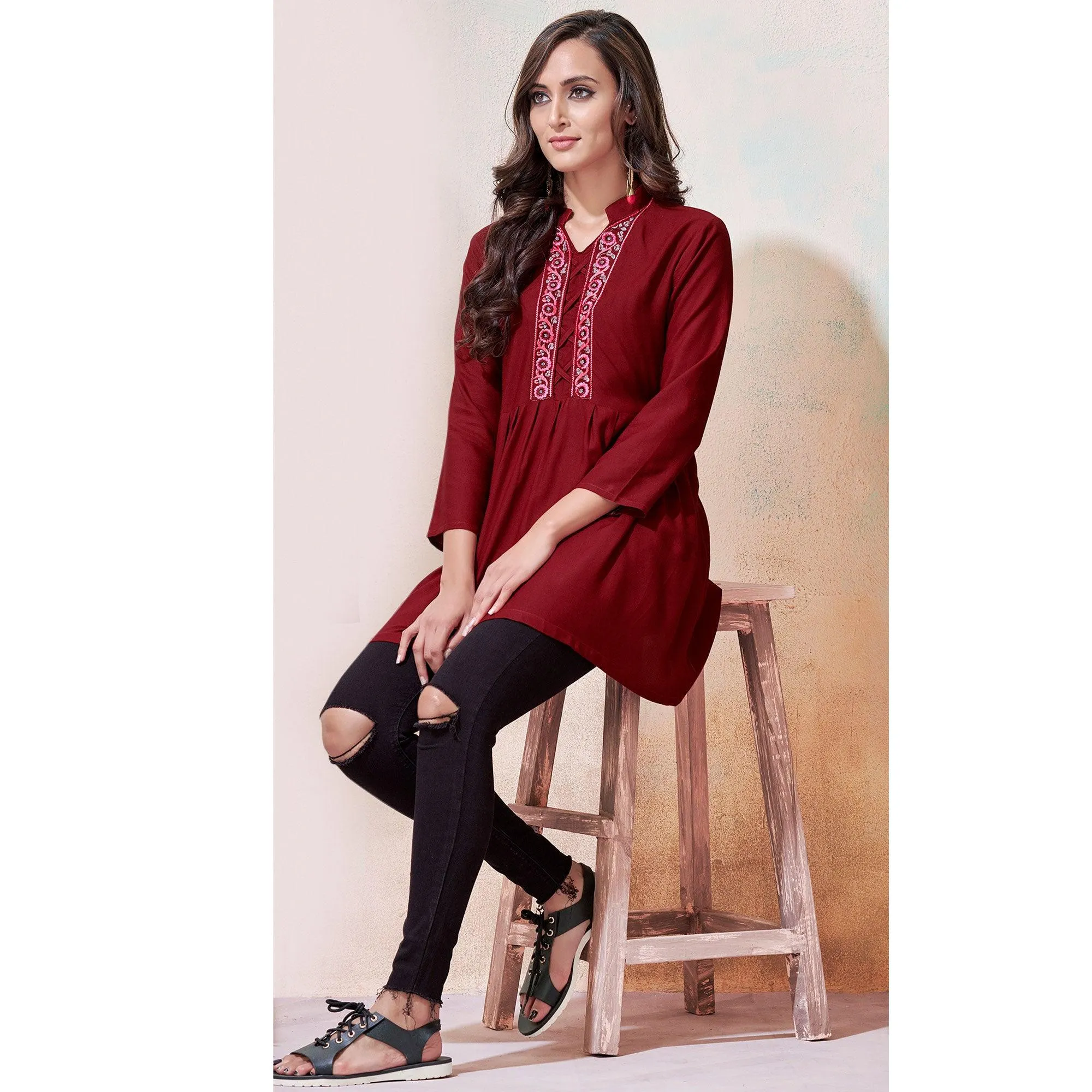 Classy Maroon Colored Partywear Embroidered Rayon Western Top