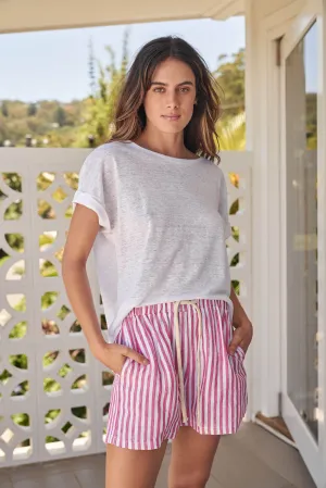 CLEARANCE- Linen Striped Short- White/Candy Pink