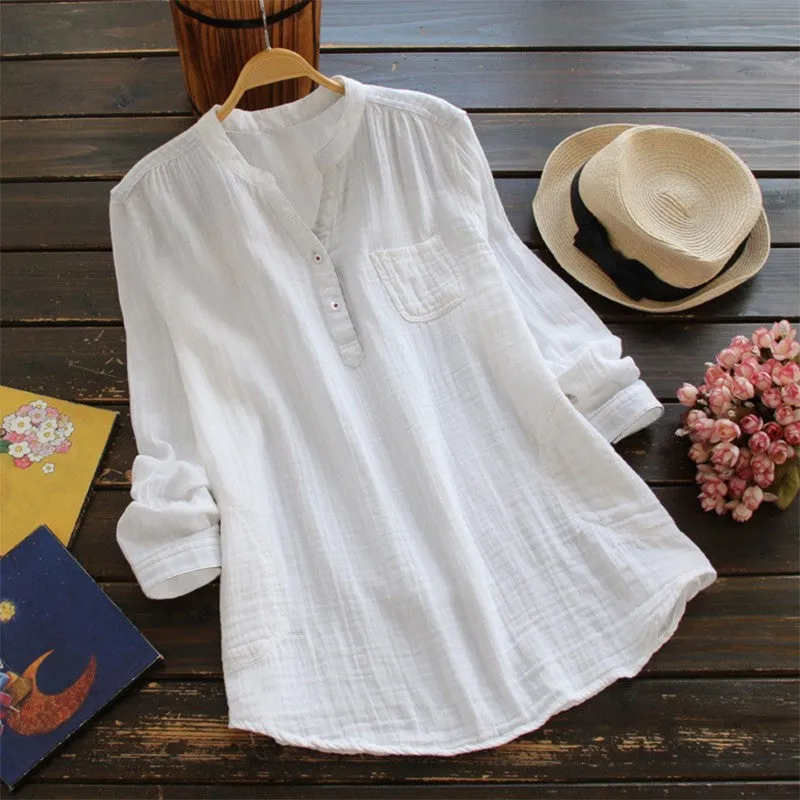 Cotton Linen Shirts for Women, Stand Collar Long Sleeve Casual Loose Tunic Tops T Shirt Blouse
