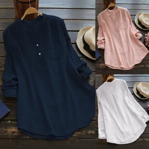 Cotton Linen Shirts for Women, Stand Collar Long Sleeve Casual Loose Tunic Tops T Shirt Blouse