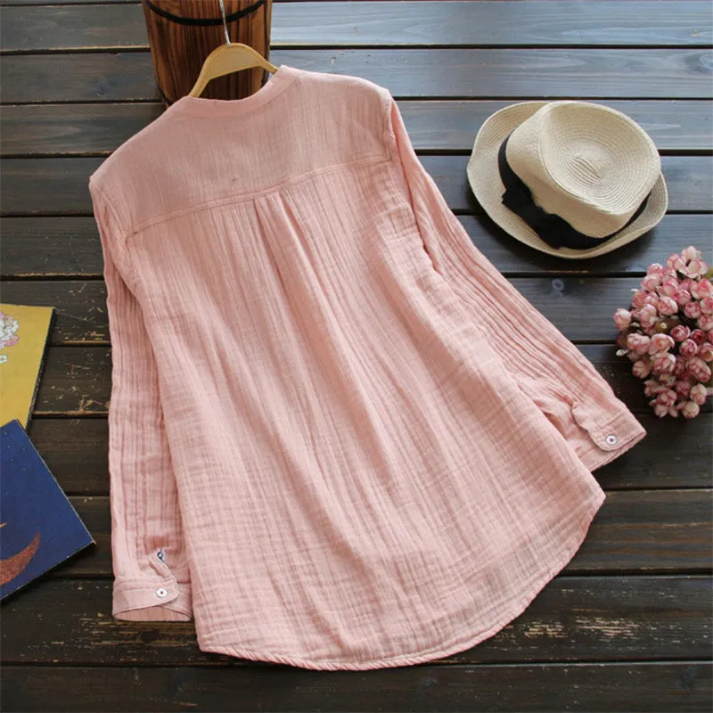 Cotton Linen Shirts for Women, Stand Collar Long Sleeve Casual Loose Tunic Tops T Shirt Blouse