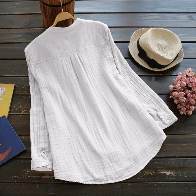 Cotton Linen Shirts for Women, Stand Collar Long Sleeve Casual Loose Tunic Tops T Shirt Blouse