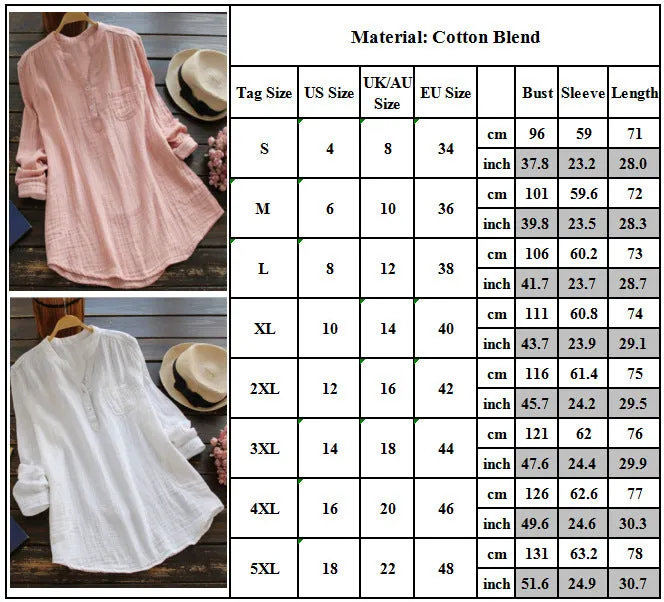 Cotton Linen Shirts for Women, Stand Collar Long Sleeve Casual Loose Tunic Tops T Shirt Blouse