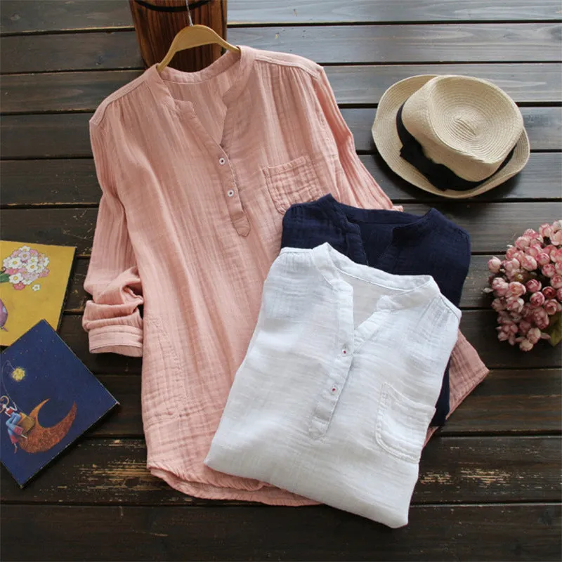 Cotton Linen Shirts for Women, Stand Collar Long Sleeve Casual Loose Tunic Tops T Shirt Blouse
