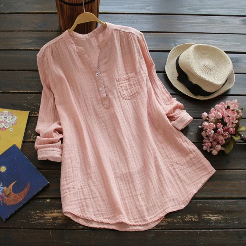 Cotton Linen Shirts for Women, Stand Collar Long Sleeve Casual Loose Tunic Tops T Shirt Blouse
