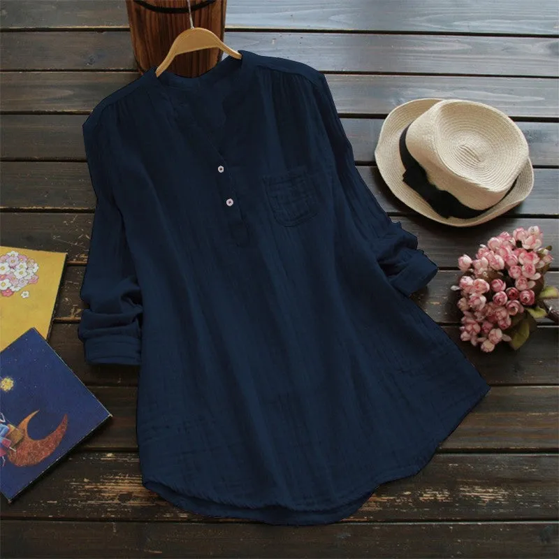 Cotton Linen Shirts for Women, Stand Collar Long Sleeve Casual Loose Tunic Tops T Shirt Blouse