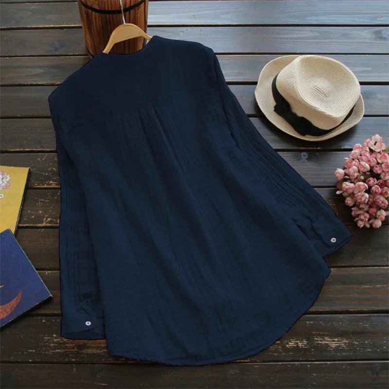 Cotton Linen Shirts for Women, Stand Collar Long Sleeve Casual Loose Tunic Tops T Shirt Blouse