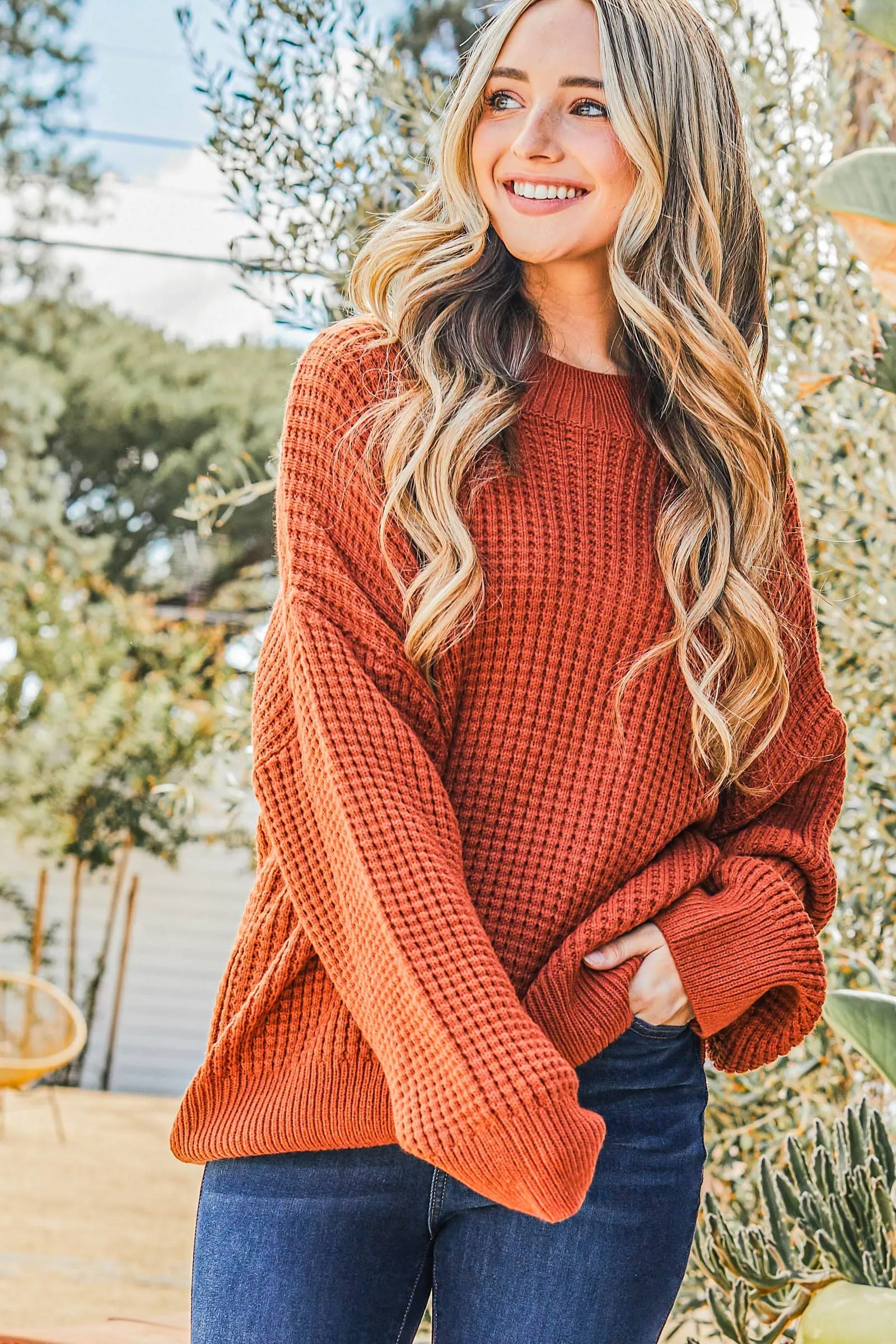 Cozy and Soft Waffle Basic Pullover Sweater- Curvy