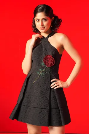 Cross Over Halter Neck Pleated Embroidered Mini Dress