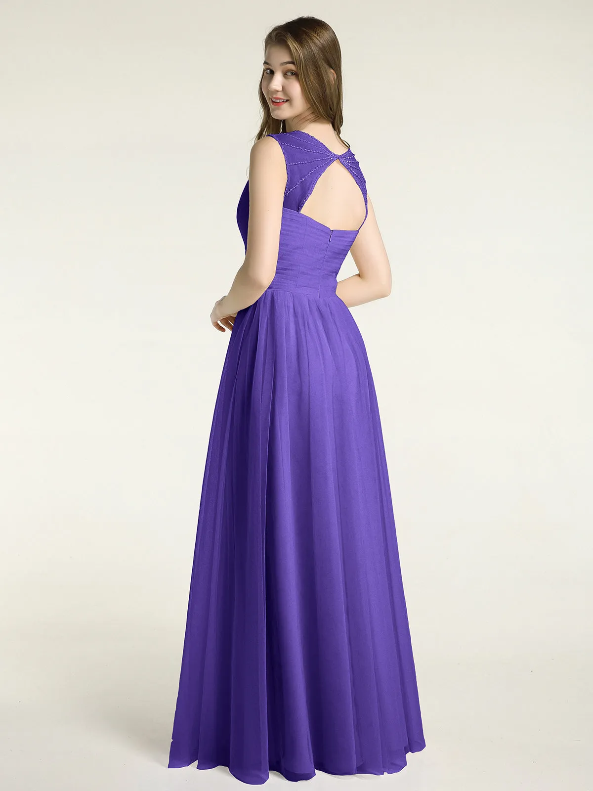 Cross-Pleated Tulle Long Dresses with Beaded Straps Regency