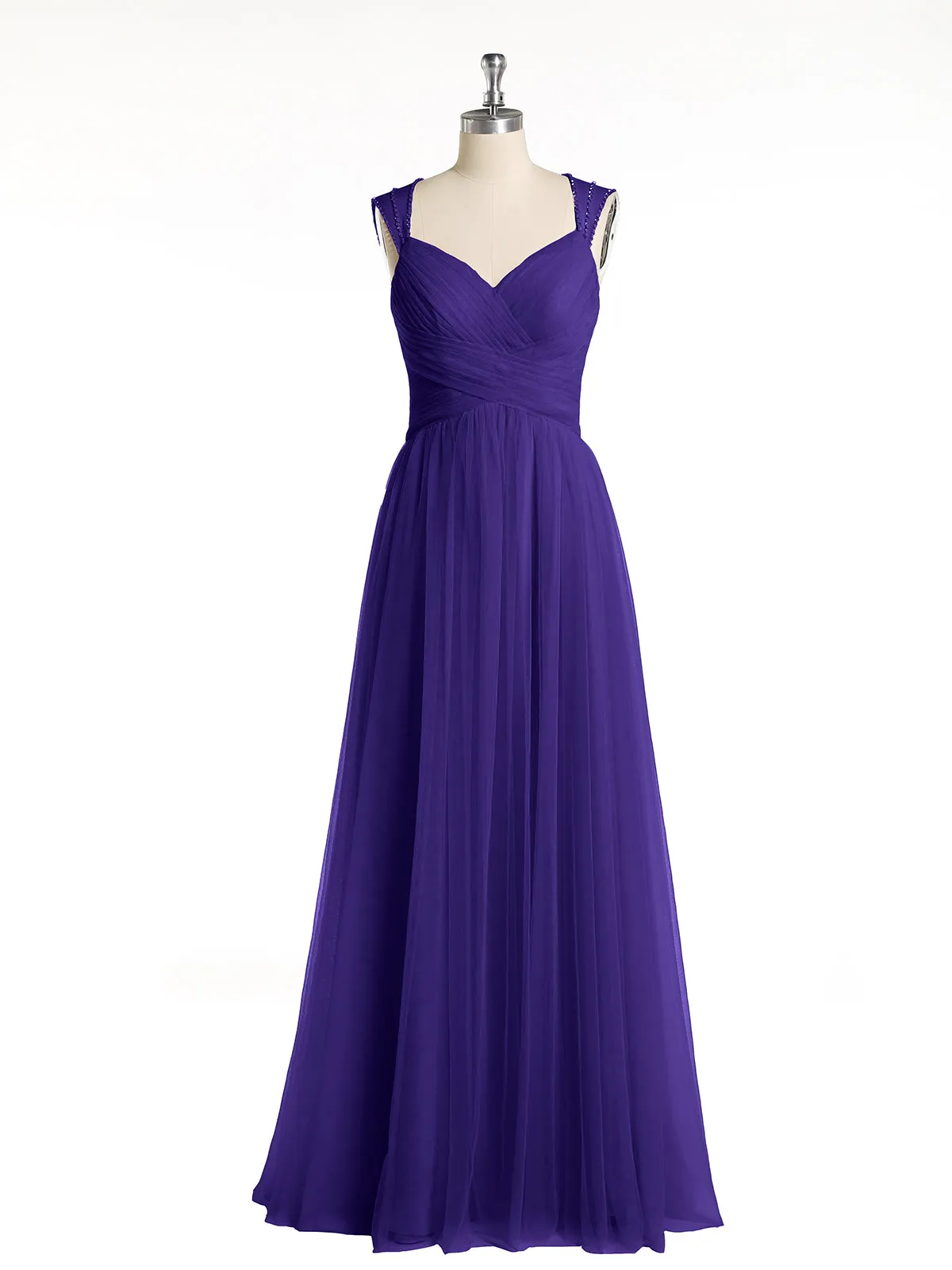 Cross-Pleated Tulle Long Dresses with Beaded Straps Regency