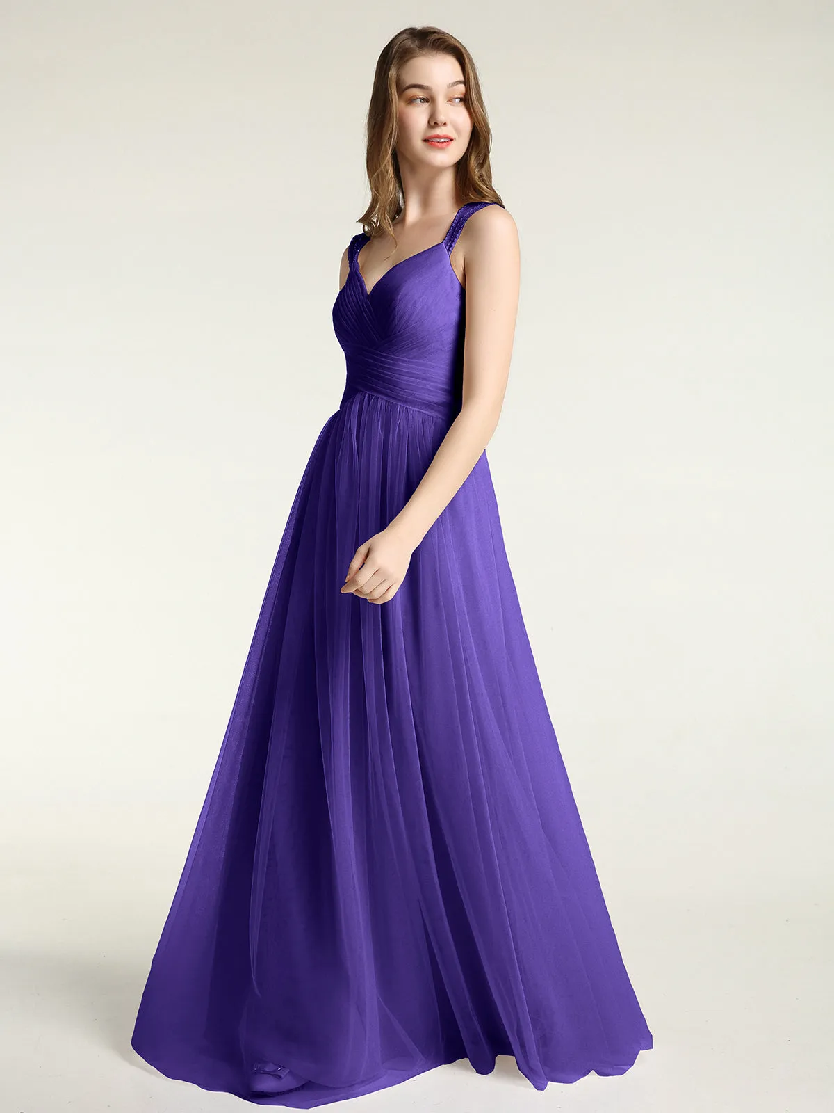Cross-Pleated Tulle Long Dresses with Beaded Straps Regency