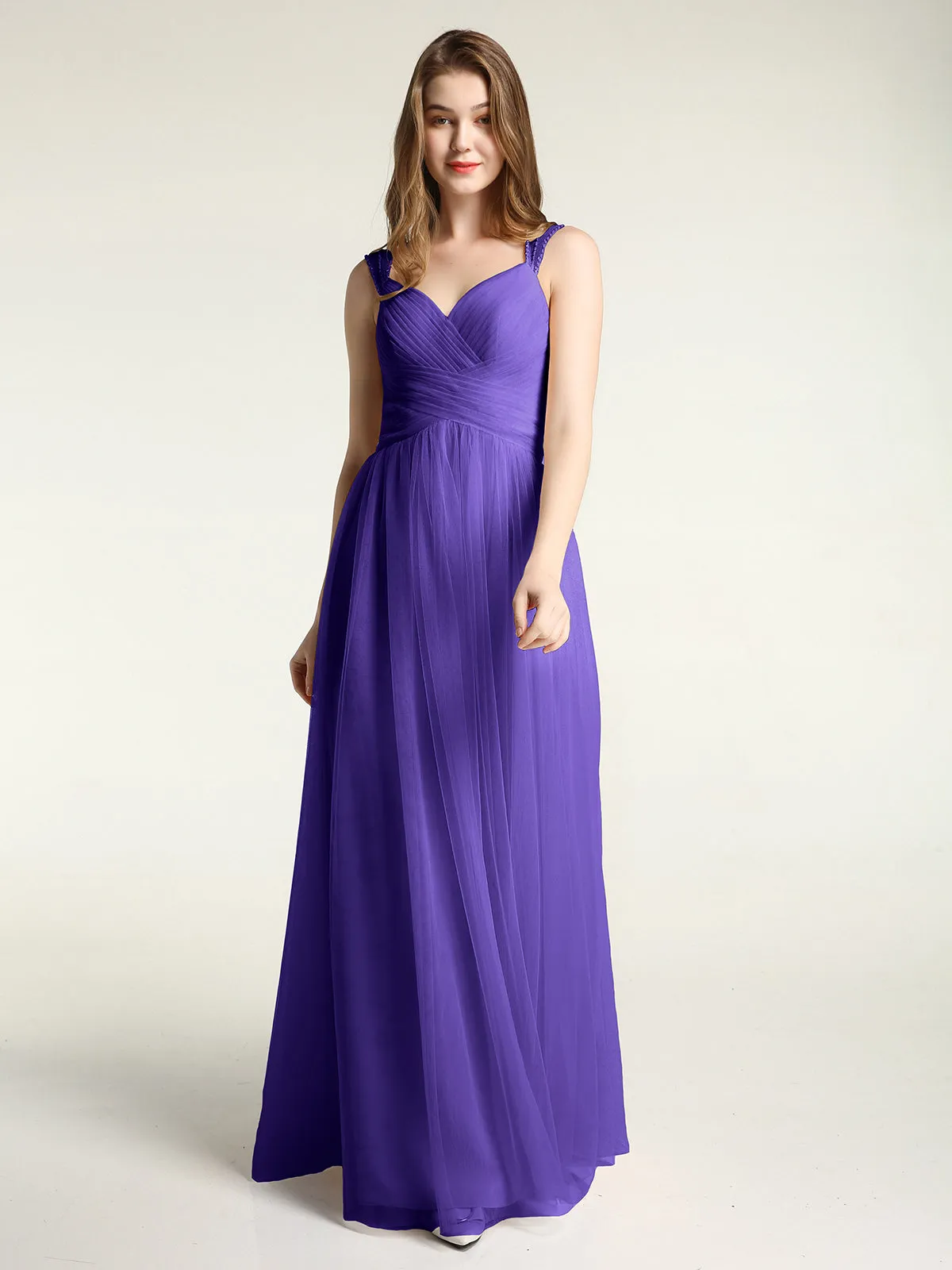 Cross-Pleated Tulle Long Dresses with Beaded Straps Regency