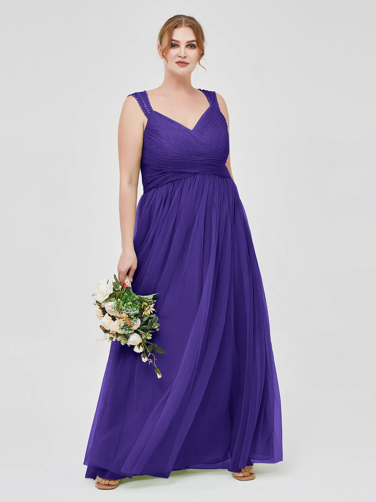 Cross-Pleated Tulle Long Dresses with Beaded Straps Regency