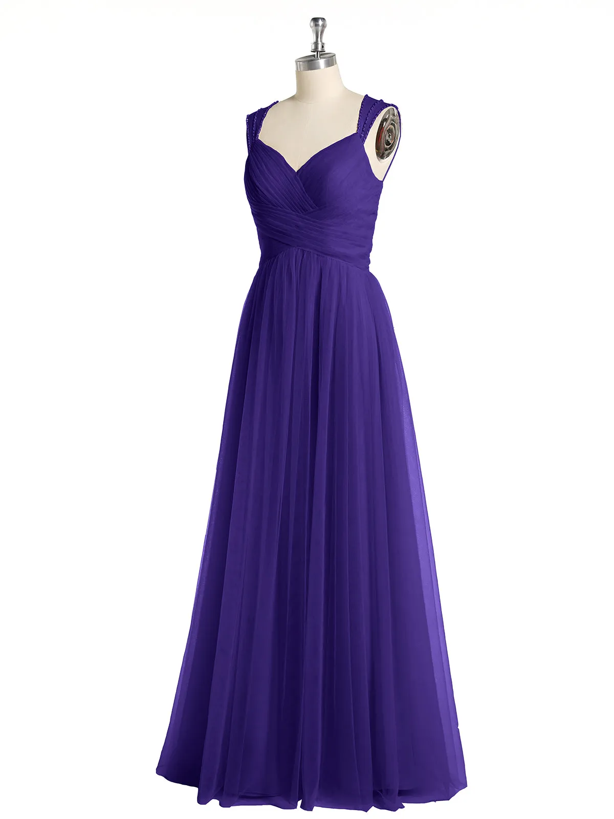 Cross-Pleated Tulle Long Dresses with Beaded Straps Regency