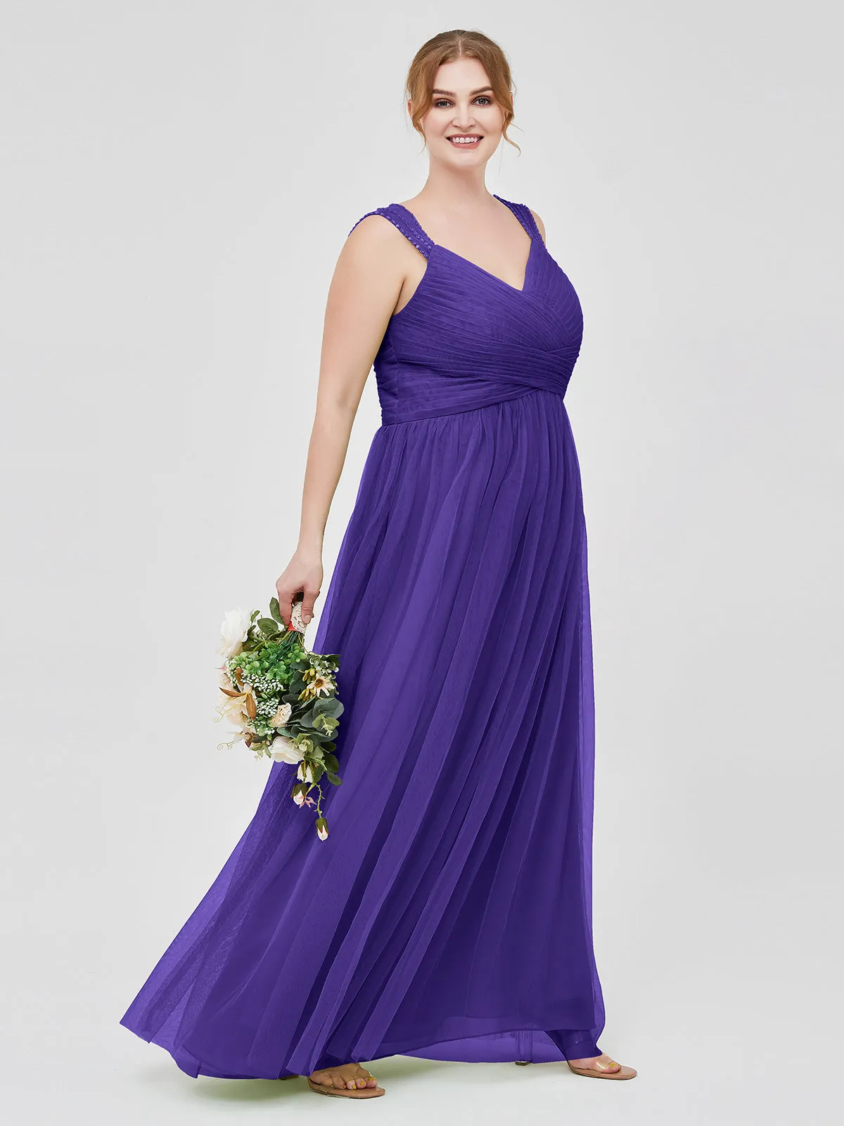 Cross-Pleated Tulle Long Dresses with Beaded Straps Regency