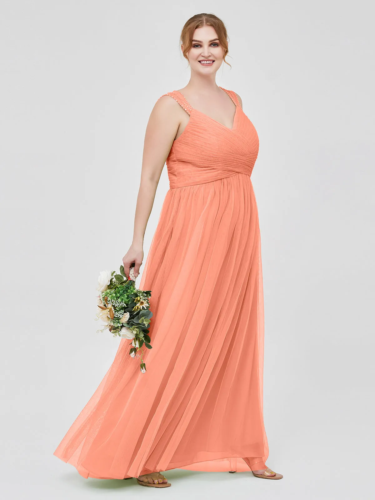 Cross-Pleated Tulle Long Dresses with Beaded Straps Sunset