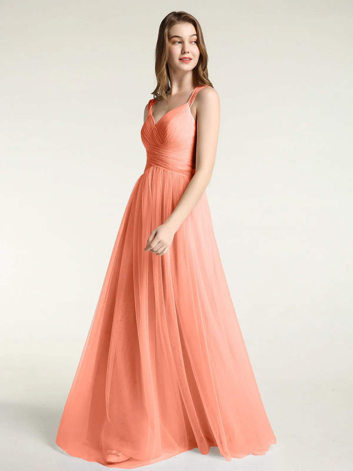 Cross-Pleated Tulle Long Dresses with Beaded Straps Sunset