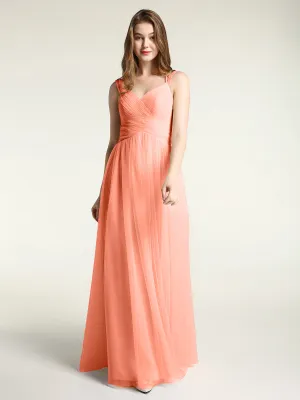 Cross-Pleated Tulle Long Dresses with Beaded Straps Sunset