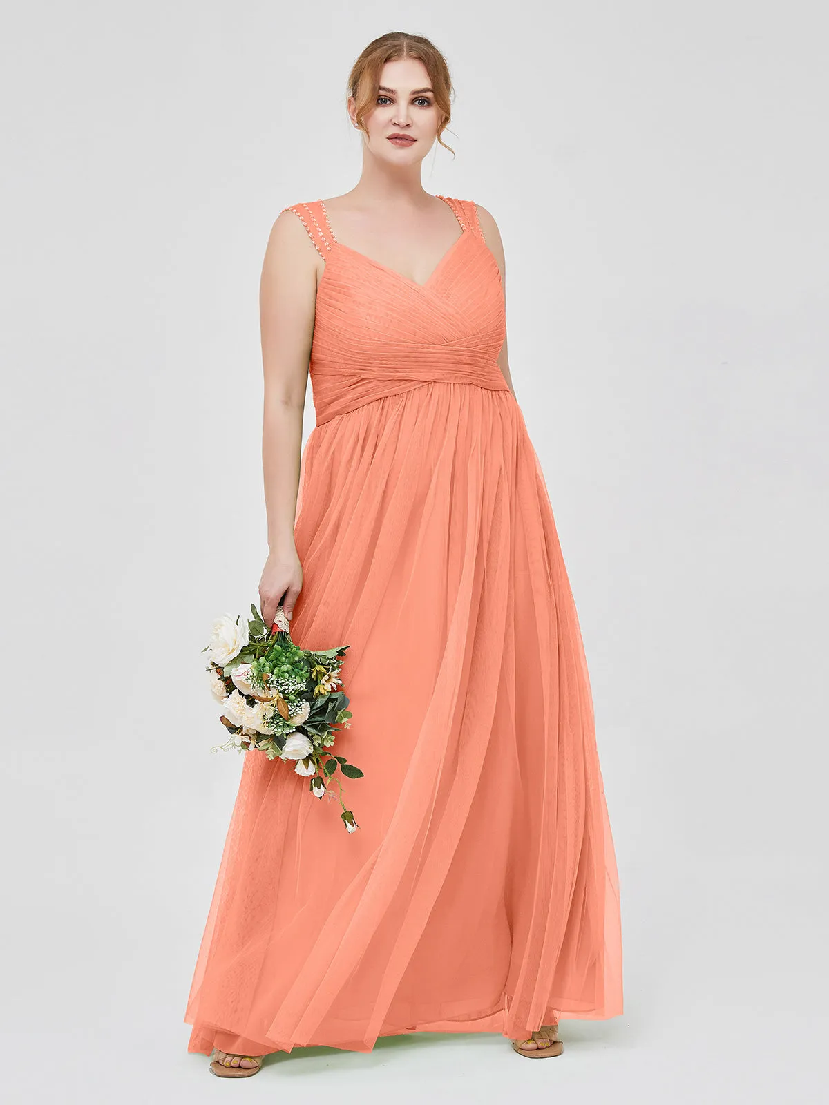 Cross-Pleated Tulle Long Dresses with Beaded Straps Sunset