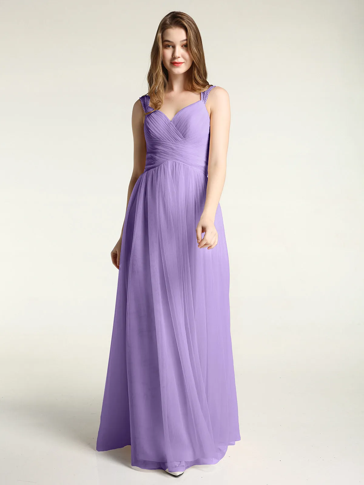 Cross-Pleated Tulle Long Dresses with Beaded Straps Tahiti