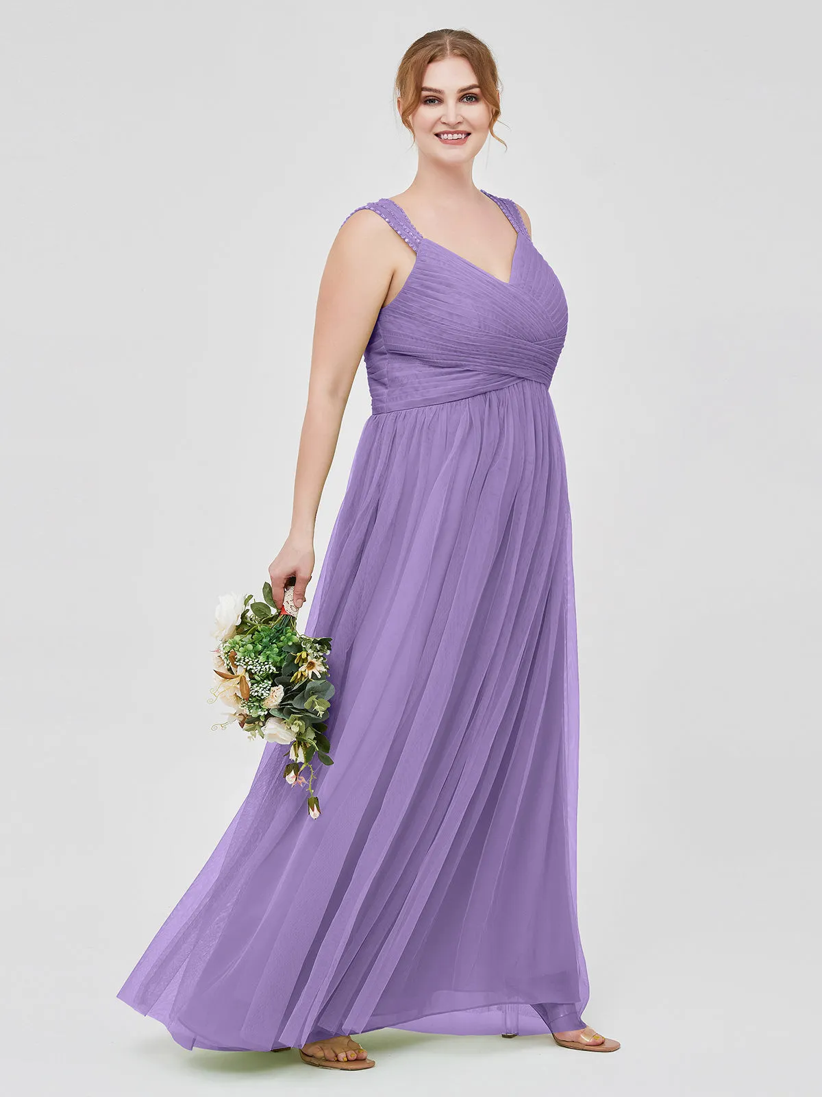 Cross-Pleated Tulle Long Dresses with Beaded Straps Tahiti