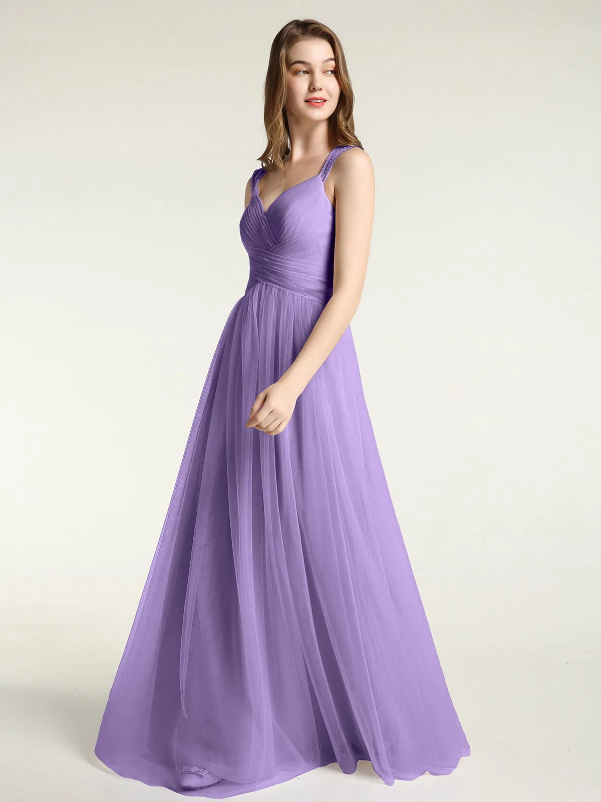Cross-Pleated Tulle Long Dresses with Beaded Straps Tahiti