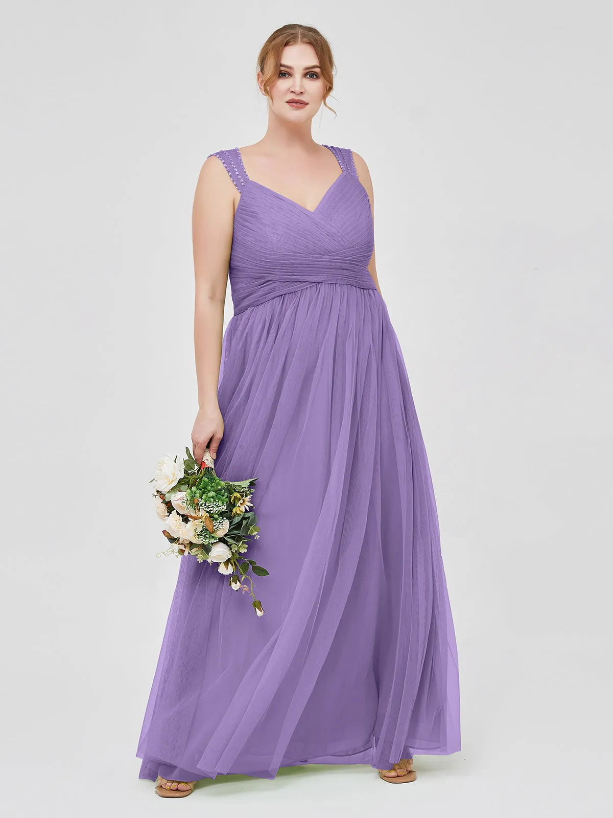 Cross-Pleated Tulle Long Dresses with Beaded Straps Tahiti
