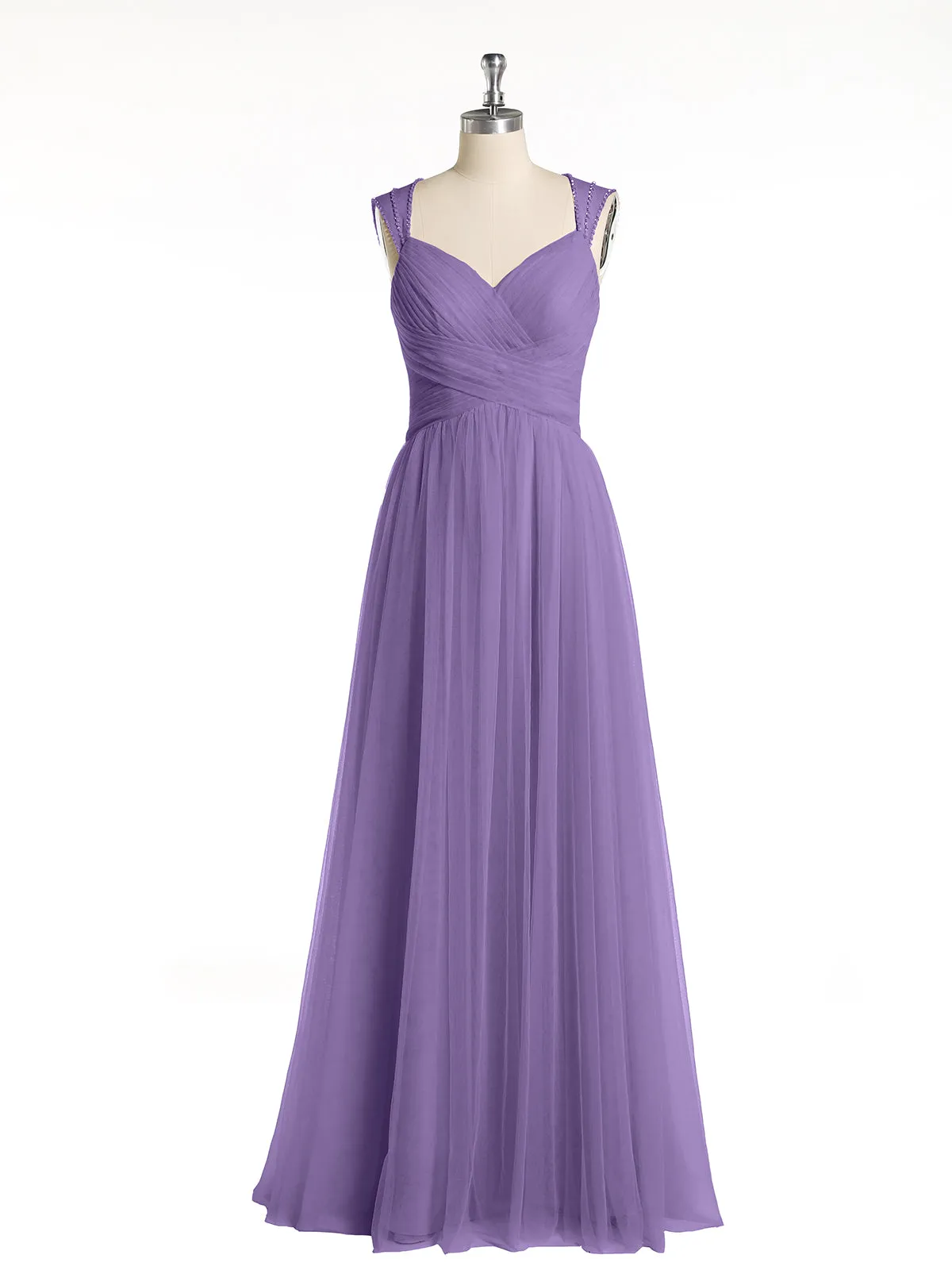 Cross-Pleated Tulle Long Dresses with Beaded Straps Tahiti