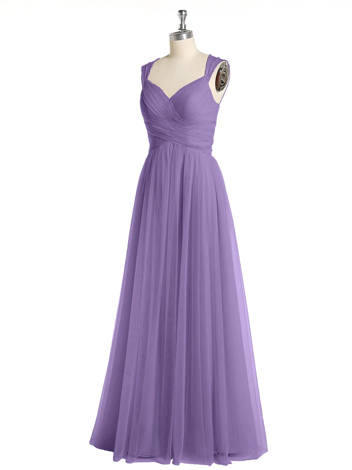 Cross-Pleated Tulle Long Dresses with Beaded Straps Tahiti
