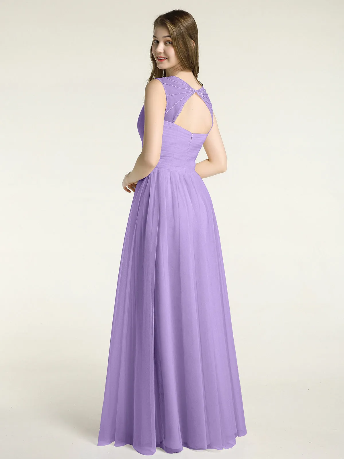 Cross-Pleated Tulle Long Dresses with Beaded Straps Tahiti
