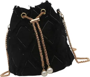 Crossbody HandbagWomens Tassels Denims Small Bucket Bag with Chain Strap Fashionable Jeans Crossbody Shoulder Bag Pearls Drawstring Purse