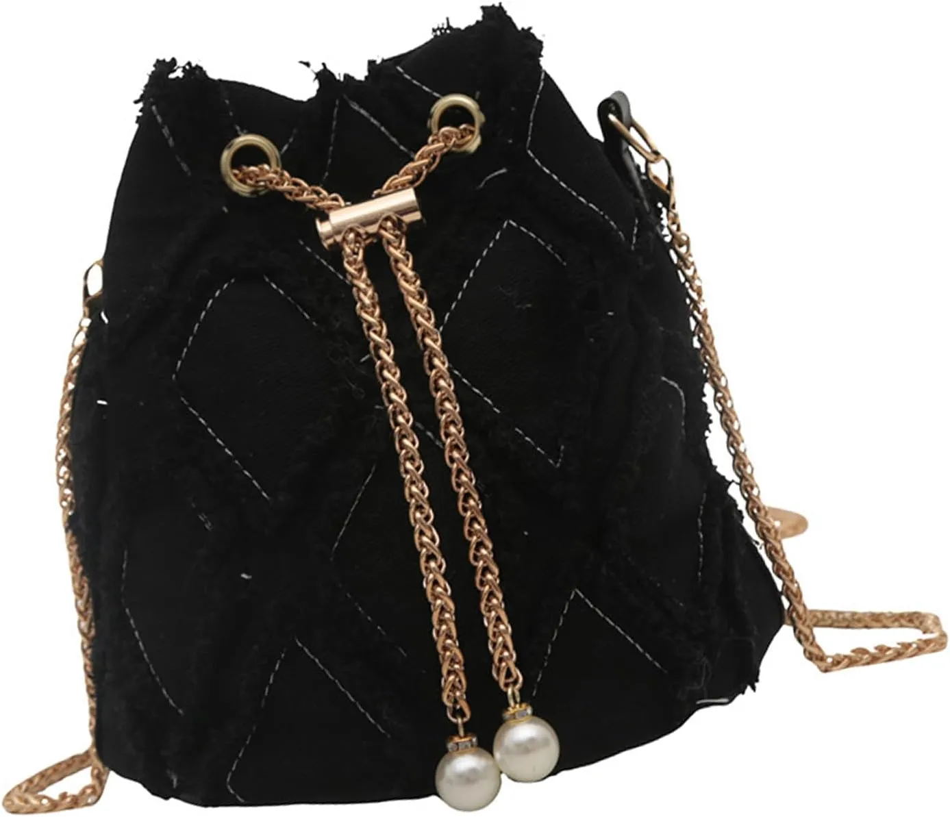 Crossbody HandbagWomens Tassels Denims Small Bucket Bag with Chain Strap Fashionable Jeans Crossbody Shoulder Bag Pearls Drawstring Purse