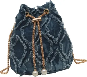 Crossbody HandbagWomens Tassels Denims Small Bucket Bag with Chain Strap Fashionable Jeans Crossbody Shoulder Bag Pearls Drawstring Purse