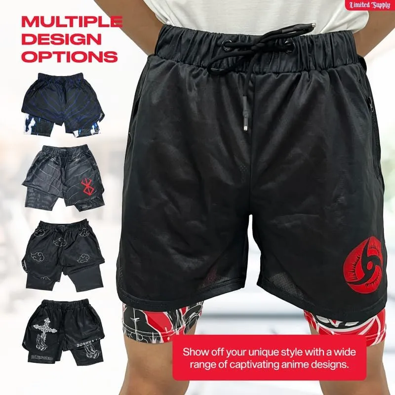 CROWN Anime Shorts - Breathable Mesh Stretch Compression Short with Pockets and Towel Holder