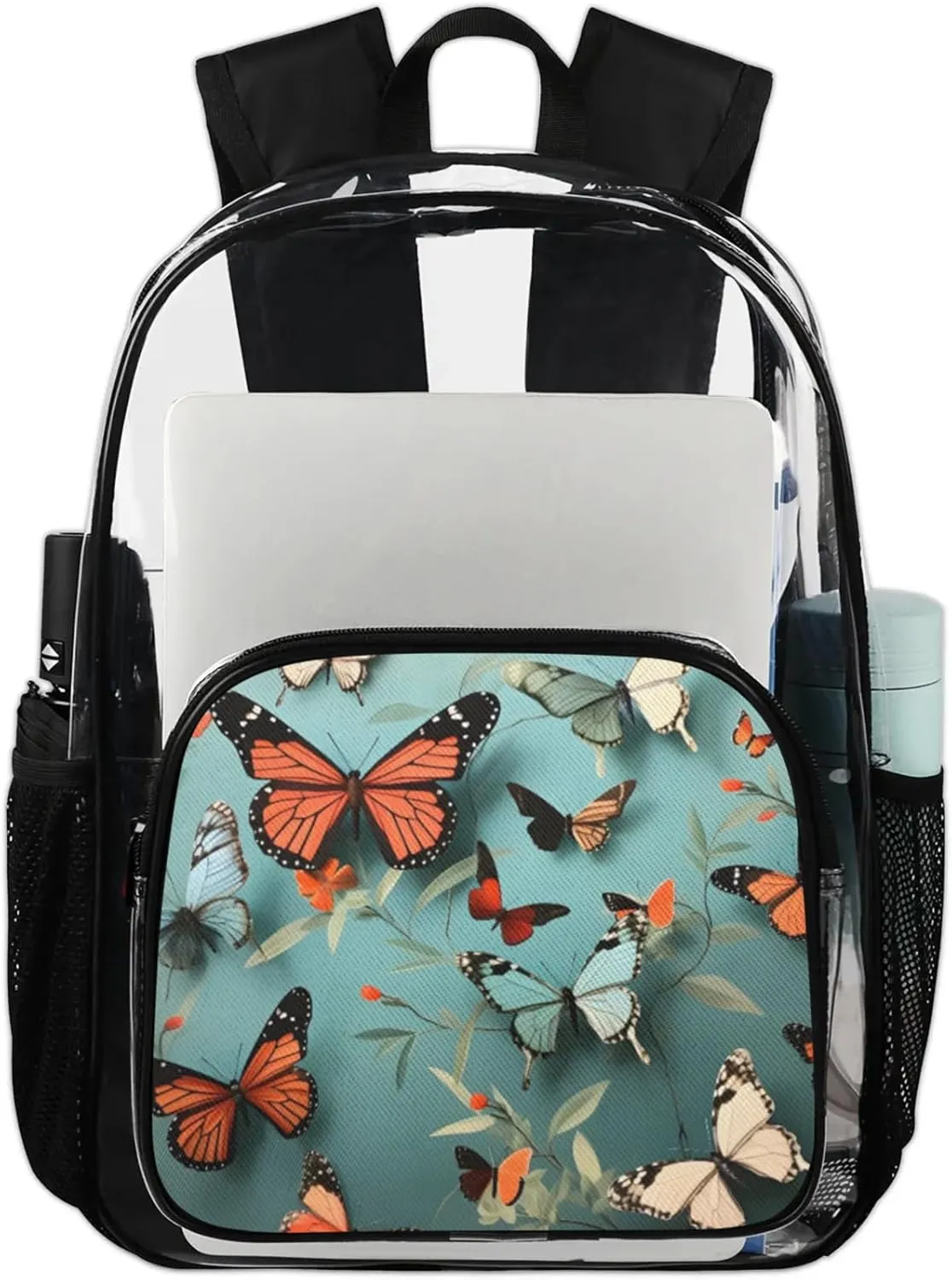 Customizable Clear Backpack for Women Men,Clear Bag for Stadium Events With Waterproof PVC Plastic Material,Graceful Butterflies - L