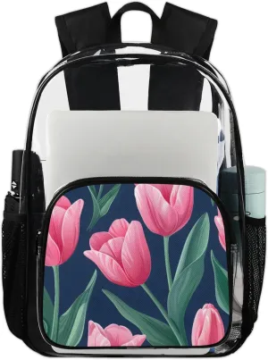 Customizable Clear Backpack for Women Men,Clear Bag for Stadium Events With Waterproof PVC Plastic Material,Graceful Tulips - L