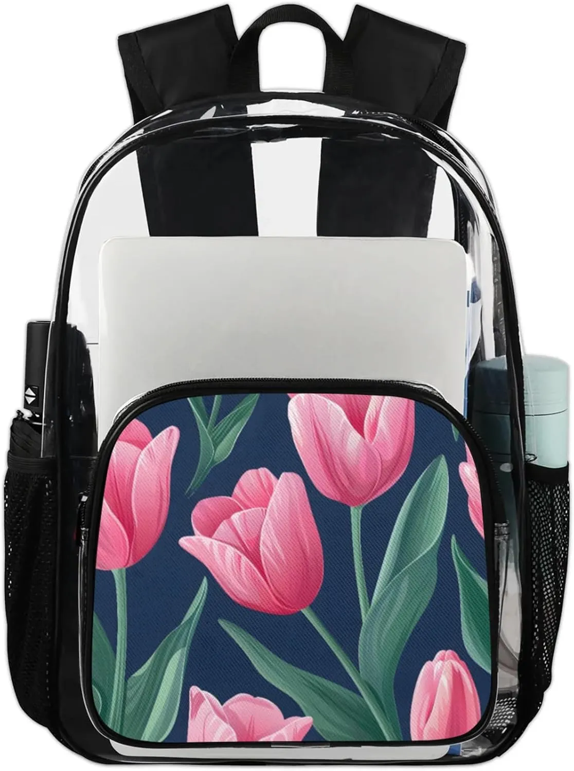 Customizable Clear Backpack for Women Men,Clear Bag for Stadium Events With Waterproof PVC Plastic Material,Graceful Tulips - L