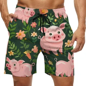 Cute Pigs with Herbs Men's Swim Trunks Quick Dry Board Shorts Breathable Summer Beach Shorts Bathing Suits