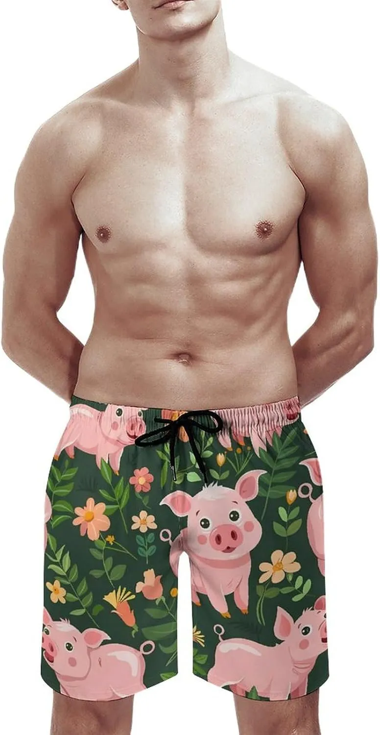 Cute Pigs with Herbs Men's Swim Trunks Quick Dry Board Shorts Breathable Summer Beach Shorts Bathing Suits