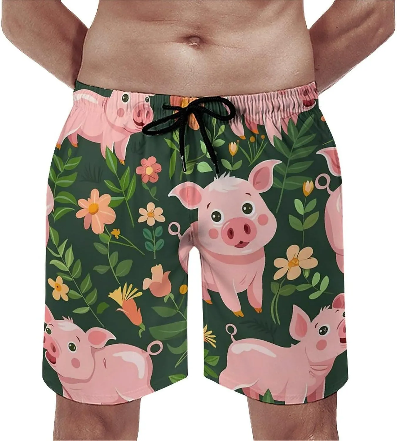 Cute Pigs with Herbs Men's Swim Trunks Quick Dry Board Shorts Breathable Summer Beach Shorts Bathing Suits
