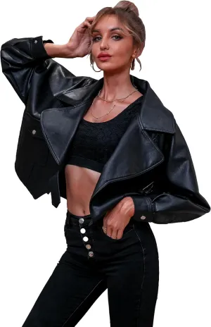 D&M D&MWomen's Oversized Leather Jacket Faux Casual Metal Buckle Fashionable Bomber Motorcycle Jacket with Pockets XS-XXL