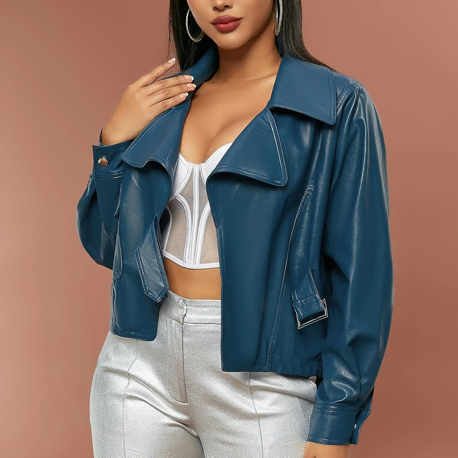 D&M D&MWomen's Oversized Leather Jacket Faux Casual Metal Buckle Fashionable Bomber Motorcycle Jacket with Pockets XS-XXL