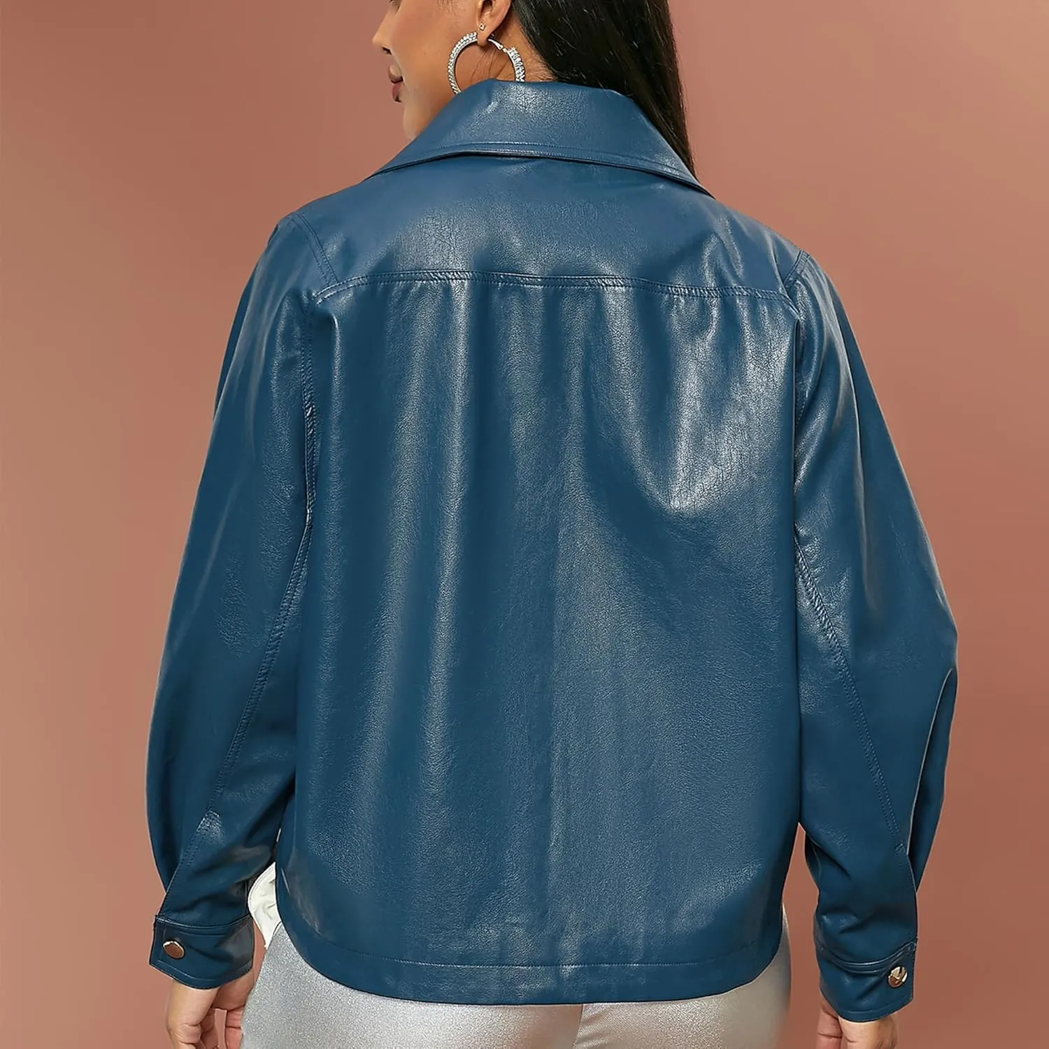 D&M D&MWomen's Oversized Leather Jacket Faux Casual Metal Buckle Fashionable Bomber Motorcycle Jacket with Pockets XS-XXL