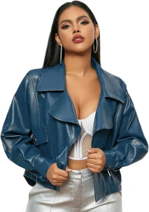 D&M D&MWomen's Oversized Leather Jacket Faux Casual Metal Buckle Fashionable Bomber Motorcycle Jacket with Pockets XS-XXL