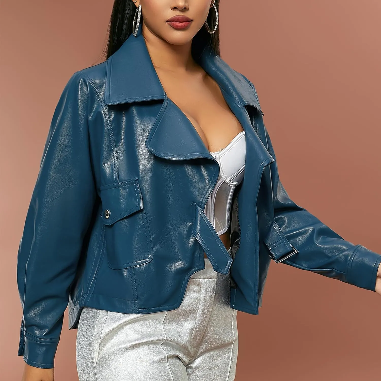 D&M D&MWomen's Oversized Leather Jacket Faux Casual Metal Buckle Fashionable Bomber Motorcycle Jacket with Pockets XS-XXL